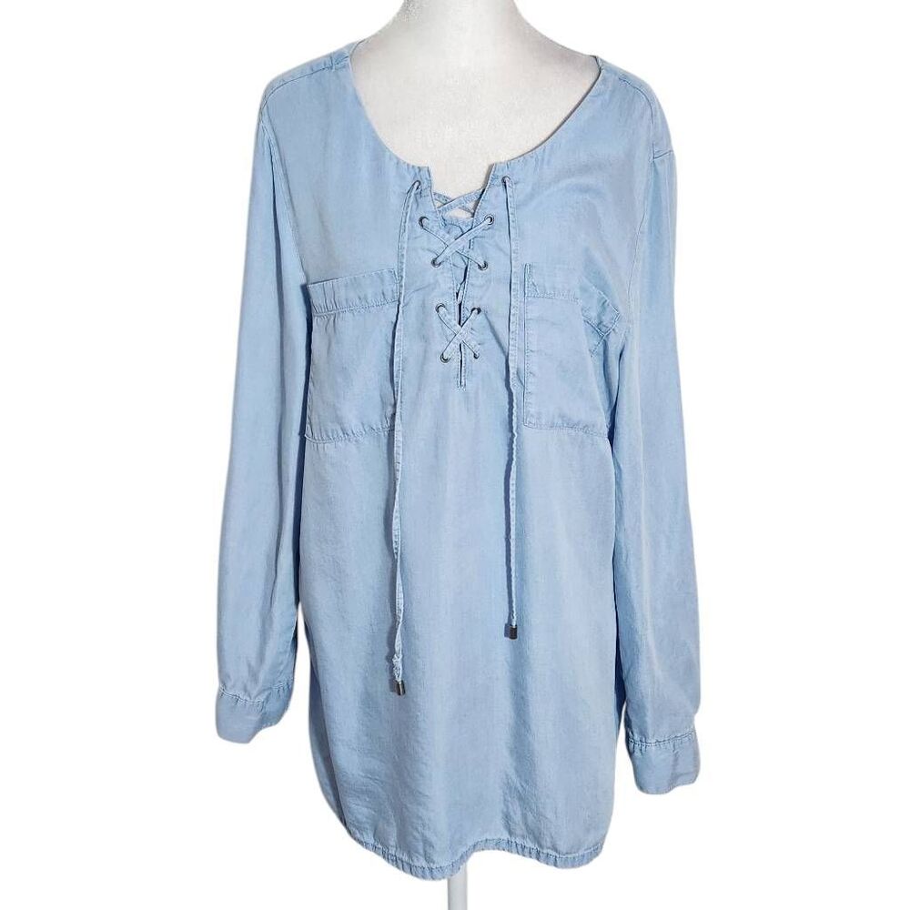 Style & Co. Blue Chambray Lace-Up Tunic Size Large Chambray Tunic